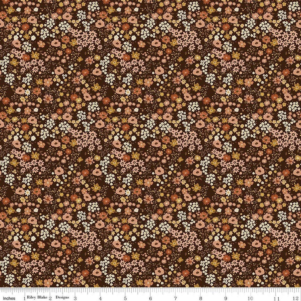 Image of Worth Repeating Flower Garden Coffee quilting cotton fabric by Sandy Gervais for Riley Blake Designs. Features flowers on a brown background. Cute Little Fabric Shop.