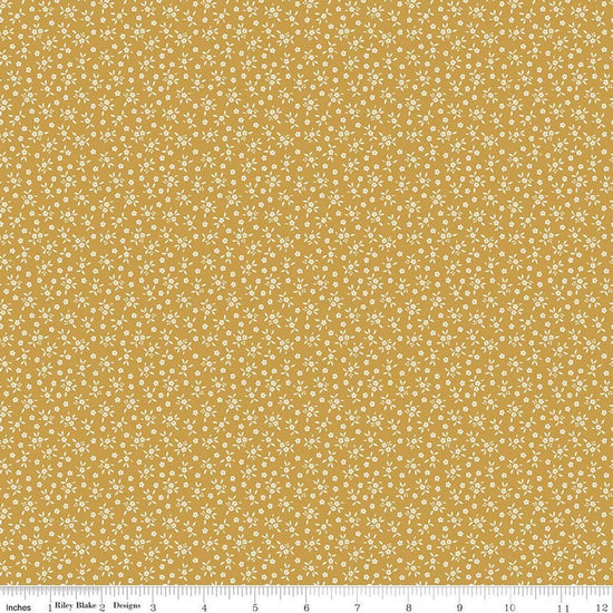Image of Worth Repeating Ditsy Gold quilting cotton fabric by Sandy Gervais for Riley Blake Designs. Features flowers on a yellow background. Cute Little Fabric Shop.