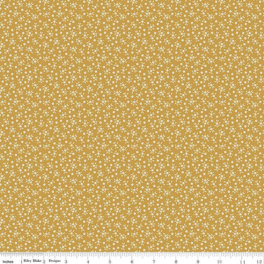 Image of Worth Repeating Ditsy Gold quilting cotton fabric by Sandy Gervais for Riley Blake Designs. Features flowers on a yellow background. Cute Little Fabric Shop.