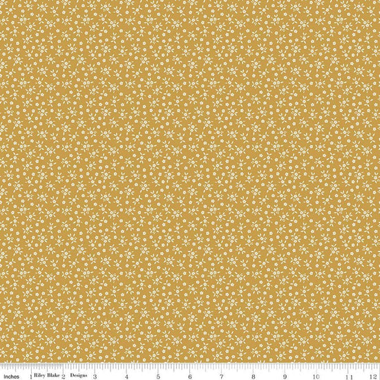 Image of Worth Repeating Ditsy Gold quilting cotton fabric by Sandy Gervais for Riley Blake Designs. Features flowers on a yellow background. Cute Little Fabric Shop.