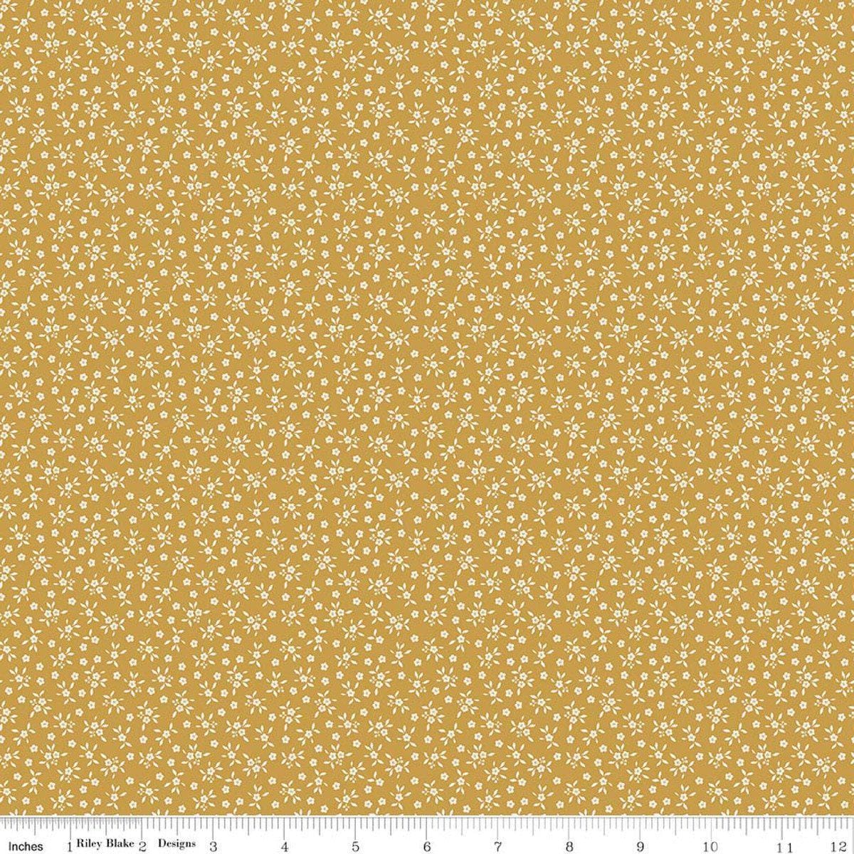 Image of Worth Repeating Ditsy Gold quilting cotton fabric by Sandy Gervais for Riley Blake Designs. Features flowers on a yellow background. Cute Little Fabric Shop.