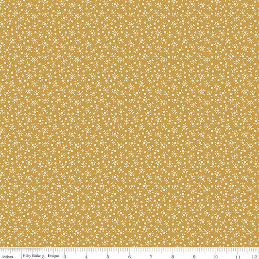 Image of Worth Repeating Ditsy Gold quilting cotton fabric by Sandy Gervais for Riley Blake Designs. Features flowers on a yellow background. Cute Little Fabric Shop.