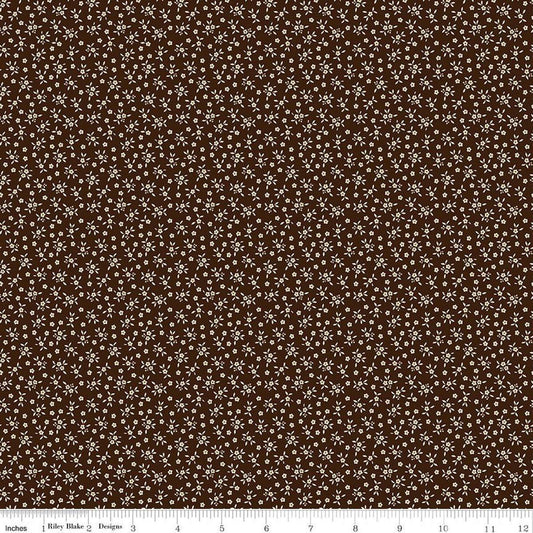 Image of Worth Repeating Ditsy Coffee quilting cotton fabric by Sandy Gervais for Riley Blake Designs. Features flowers on a brown background. Cute Little Fabric Shop.