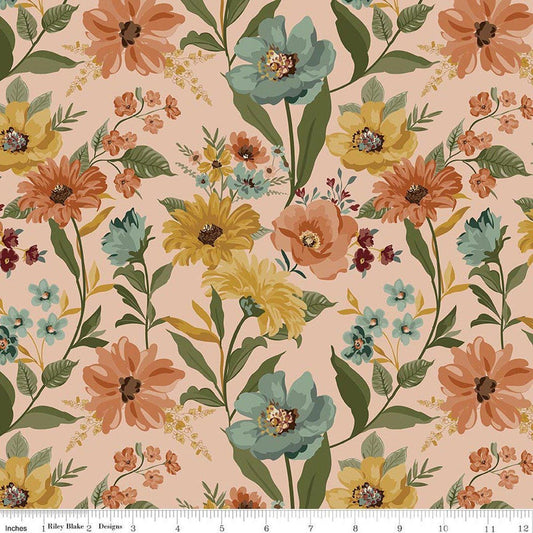 Image of Worth Repeating Main Blush quilting cotton fabric by Sandy Gervais for Riley Blake Designs. Features flowers on a pink background. Cute Little Fabric Shop.