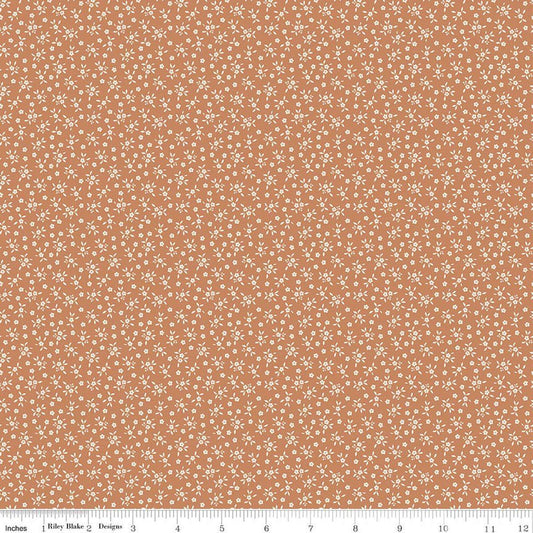 Image of Worth Repeating Ditsy Fresco quilting cotton fabric by Sandy Gervais for Riley Blake Designs. Features flowers on an orange background. Cute Little Fabric Shop.