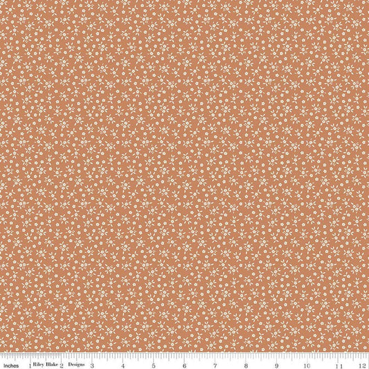 Image of Worth Repeating Ditsy Fresco quilting cotton fabric by Sandy Gervais for Riley Blake Designs. Features flowers on an orange background. Cute Little Fabric Shop.