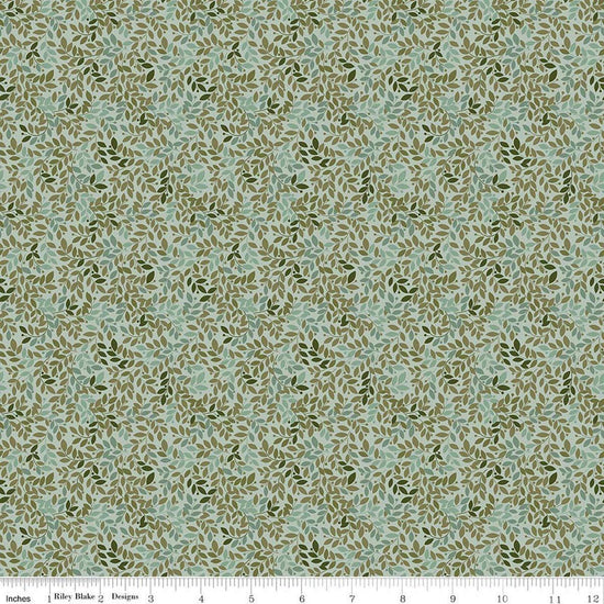 Image of Worth Repeating Leaves Laurel quilting cotton fabric by Sandy Gervais for Riley Blake Designs. Features leaves on a blue background. Cute Little Fabric Shop.