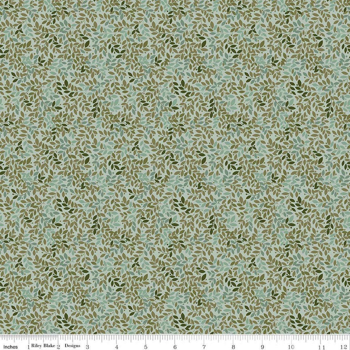 Image of Worth Repeating Leaves Laurel quilting cotton fabric by Sandy Gervais for Riley Blake Designs. Features leaves on a blue background. Cute Little Fabric Shop.