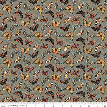 Image of Secret Garden Moths Chestnut quilting cotton fabric by Amanda Castor for Riley Blake Designs. Features bugs on a gray background. Cute Little Fabric Shop.