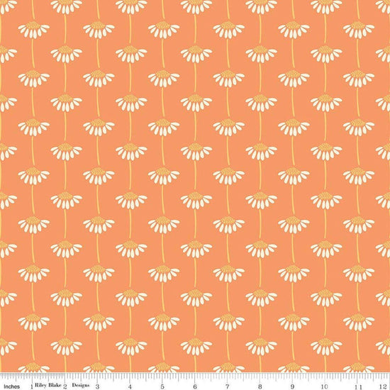Image of Secret Garden Sunflowers Marmalade quilting cotton fabric by Amanda Castor for Riley Blake Designs. Features flowers on an orange background. Cute Little Fabric Shop.