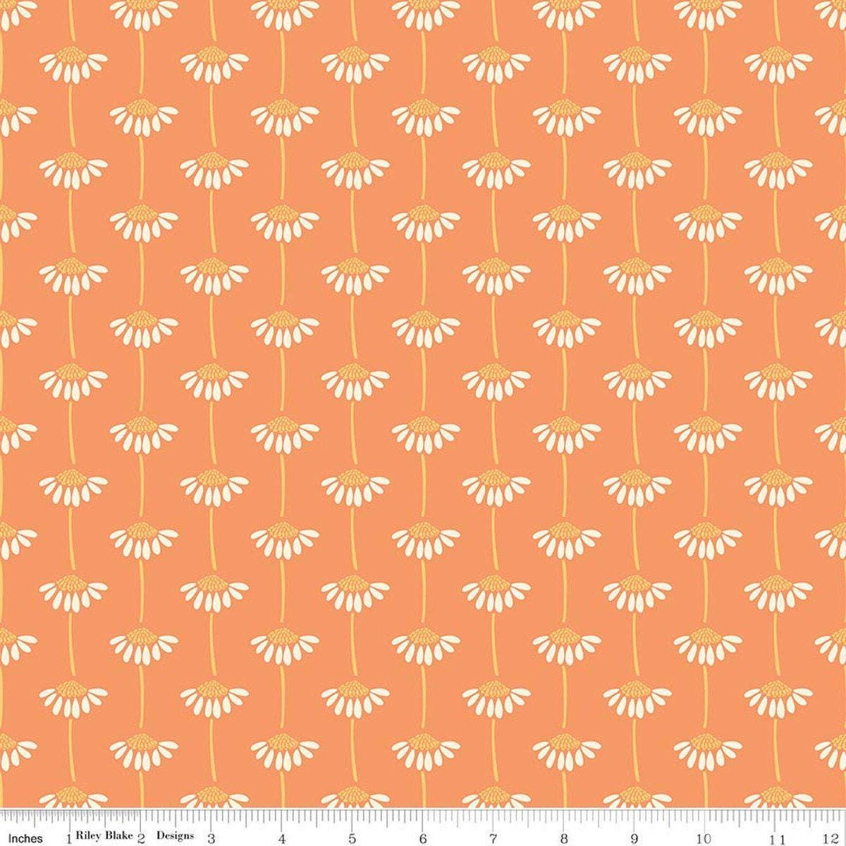 Image of Secret Garden Sunflowers Marmalade quilting cotton fabric by Amanda Castor for Riley Blake Designs. Features flowers on an orange background. Cute Little Fabric Shop.
