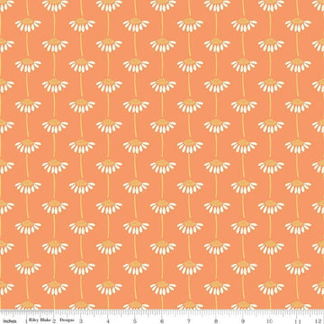 Image of Secret Garden Sunflowers Marmalade quilting cotton fabric by Amanda Castor for Riley Blake Designs. Features flowers on an orange background. Cute Little Fabric Shop.