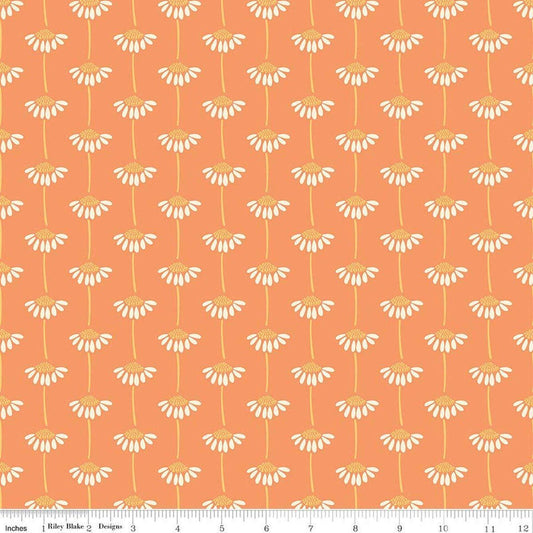 Image of Secret Garden Sunflowers Marmalade quilting cotton fabric by Amanda Castor for Riley Blake Designs. Features flowers on an orange background. Cute Little Fabric Shop.