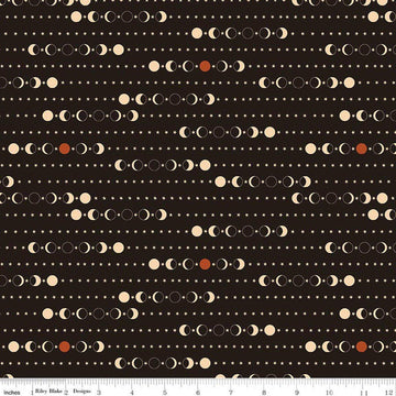 Image of Secret Garden Moon Phases Black quilting cotton fabric by Amanda Castor for Riley Blake Designs. Features moons on a black background. Cute Little Fabric Shop.