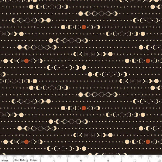 Image of Secret Garden Moon Phases Black quilting cotton fabric by Amanda Castor for Riley Blake Designs. Features moons on a black background. Cute Little Fabric Shop.