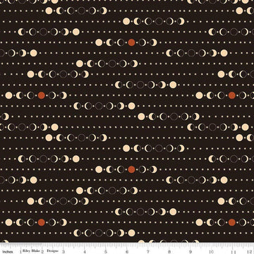 Image of Secret Garden Moon Phases Black quilting cotton fabric by Amanda Castor for Riley Blake Designs. Features moons on a black background. Cute Little Fabric Shop.