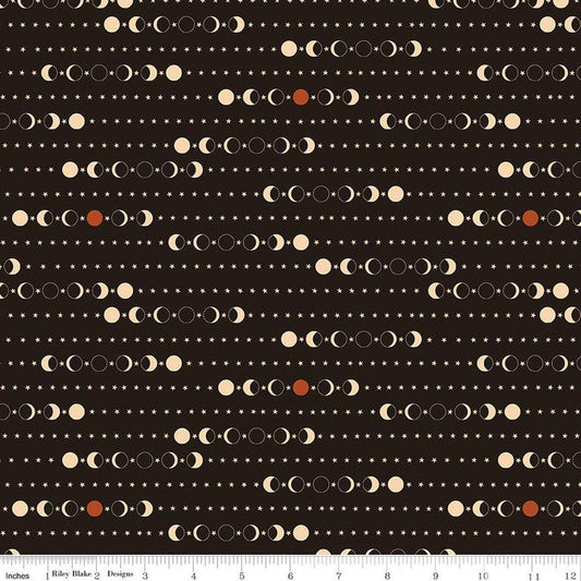 Image of Secret Garden Moon Phases Black quilting cotton fabric by Amanda Castor for Riley Blake Designs. Features moons on a black background. Cute Little Fabric Shop.