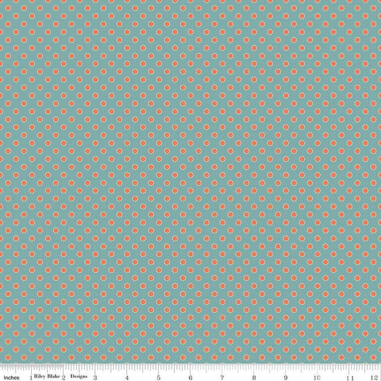 Image of Secret Garden Dots Wedgewood quilting cotton fabric by Amanda Castor for Riley Blake Designs. Features polka dots on a blue background. Cute Little Fabric Shop.