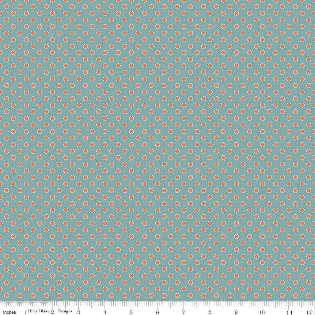 Image of Secret Garden Dots Wedgewood quilting cotton fabric by Amanda Castor for Riley Blake Designs. Features polka dots on a blue background. Cute Little Fabric Shop.