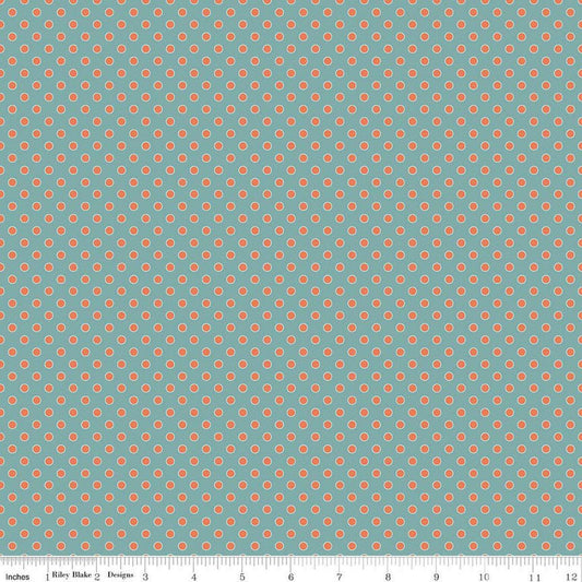 Image of Secret Garden Dots Wedgewood quilting cotton fabric by Amanda Castor for Riley Blake Designs. Features polka dots on a blue background. Cute Little Fabric Shop.