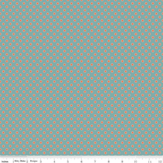 Image of Secret Garden Dots Wedgewood quilting cotton fabric by Amanda Castor for Riley Blake Designs. Features polka dots on a blue background. Cute Little Fabric Shop.