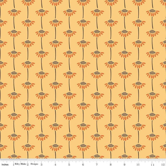 Image of Secret Garden Sunflowers Daisy quilting cotton fabric by Amanda Castor for Riley Blake Designs. Features flowers on a yellow background. Cute Little Fabric Shop.