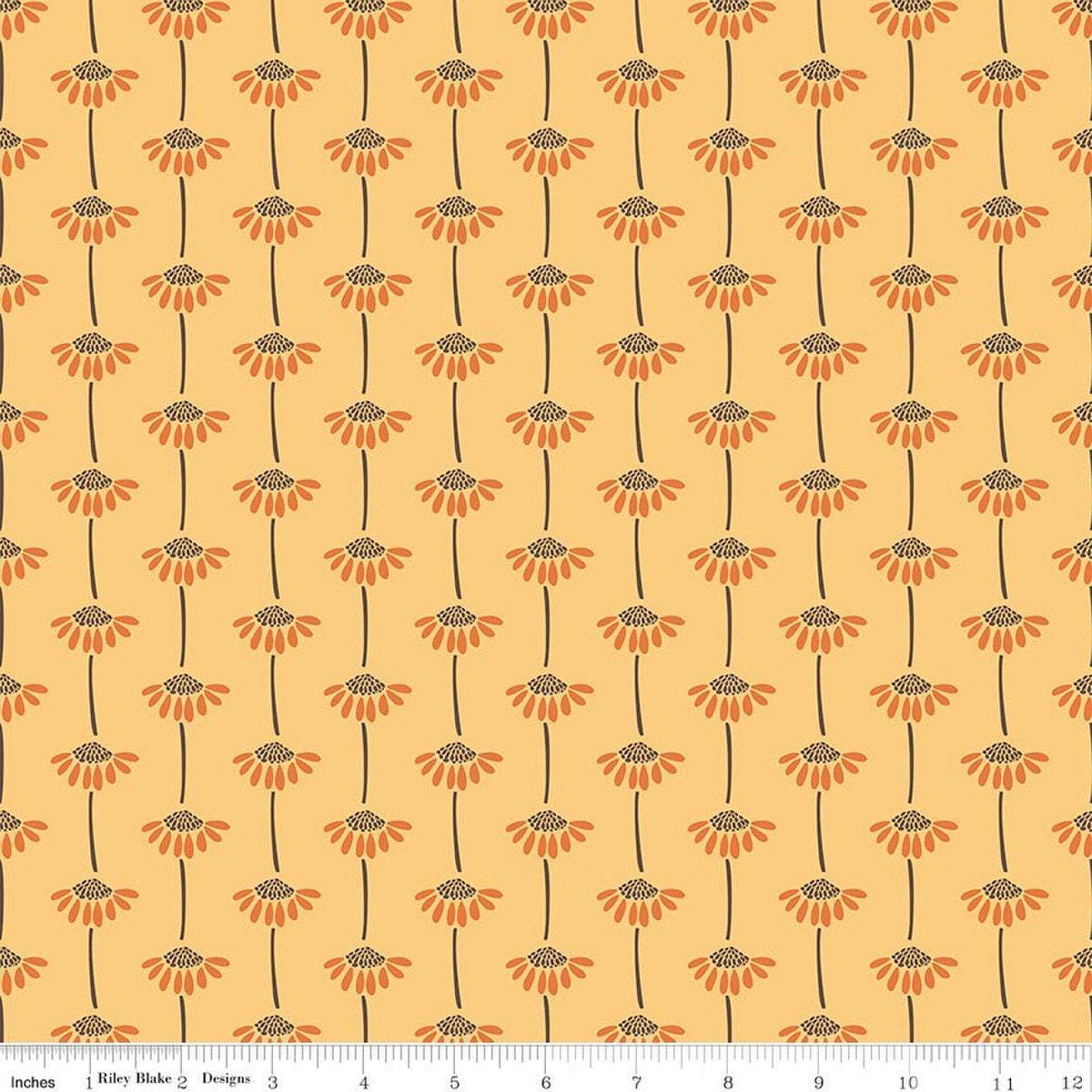 Image of Secret Garden Sunflowers Daisy quilting cotton fabric by Amanda Castor for Riley Blake Designs. Features flowers on a yellow background. Cute Little Fabric Shop.