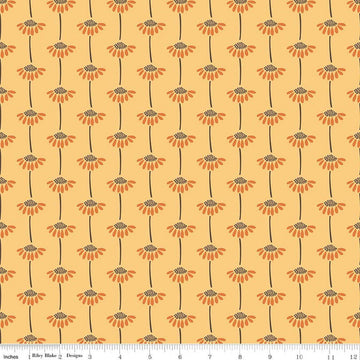 Image of Secret Garden Sunflowers Daisy quilting cotton fabric by Amanda Castor for Riley Blake Designs. Features flowers on a yellow background. Cute Little Fabric Shop.