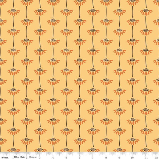 Image of Secret Garden Sunflowers Daisy quilting cotton fabric by Amanda Castor for Riley Blake Designs. Features flowers on a yellow background. Cute Little Fabric Shop.