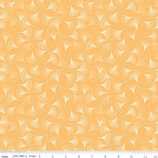 Image of Secret Garden Ginkgos Daisy quilting cotton fabric by Amanda Castor for Riley Blake Designs. Features leaves on a yellow background. Cute Little Fabric Shop.