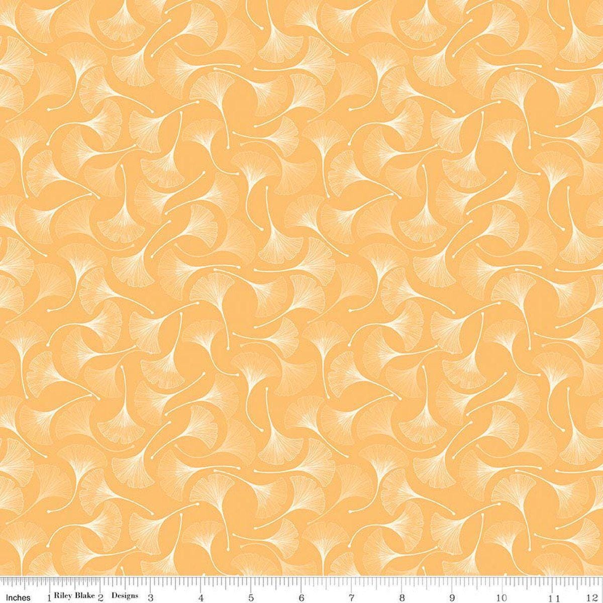Image of Secret Garden Ginkgos Daisy quilting cotton fabric by Amanda Castor for Riley Blake Designs. Features leaves on a yellow background. Cute Little Fabric Shop.