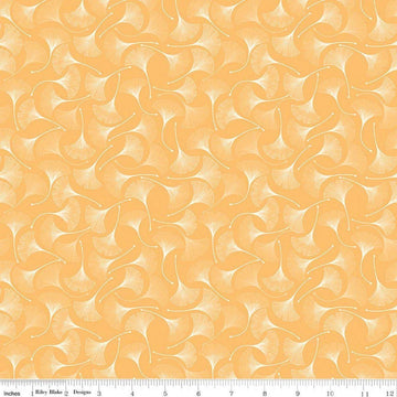 Image of Secret Garden Ginkgos Daisy quilting cotton fabric by Amanda Castor for Riley Blake Designs. Features leaves on a yellow background. Cute Little Fabric Shop.