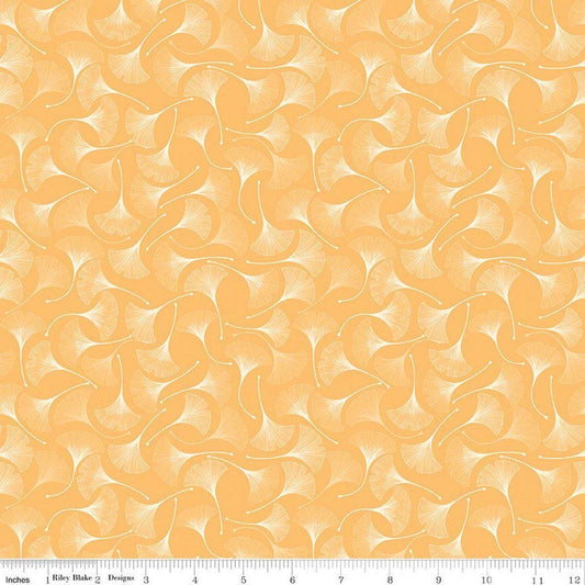 Image of Secret Garden Ginkgos Daisy quilting cotton fabric by Amanda Castor for Riley Blake Designs. Features leaves on a yellow background. Cute Little Fabric Shop.