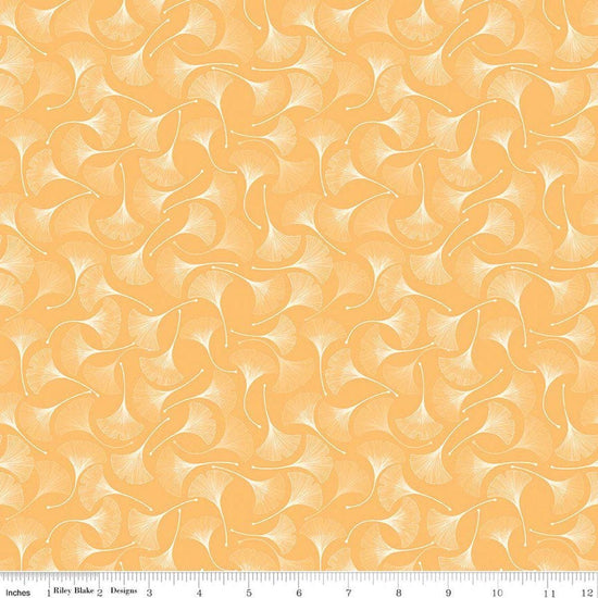 Image of Secret Garden Ginkgos Daisy quilting cotton fabric by Amanda Castor for Riley Blake Designs. Features leaves on a yellow background. Cute Little Fabric Shop.