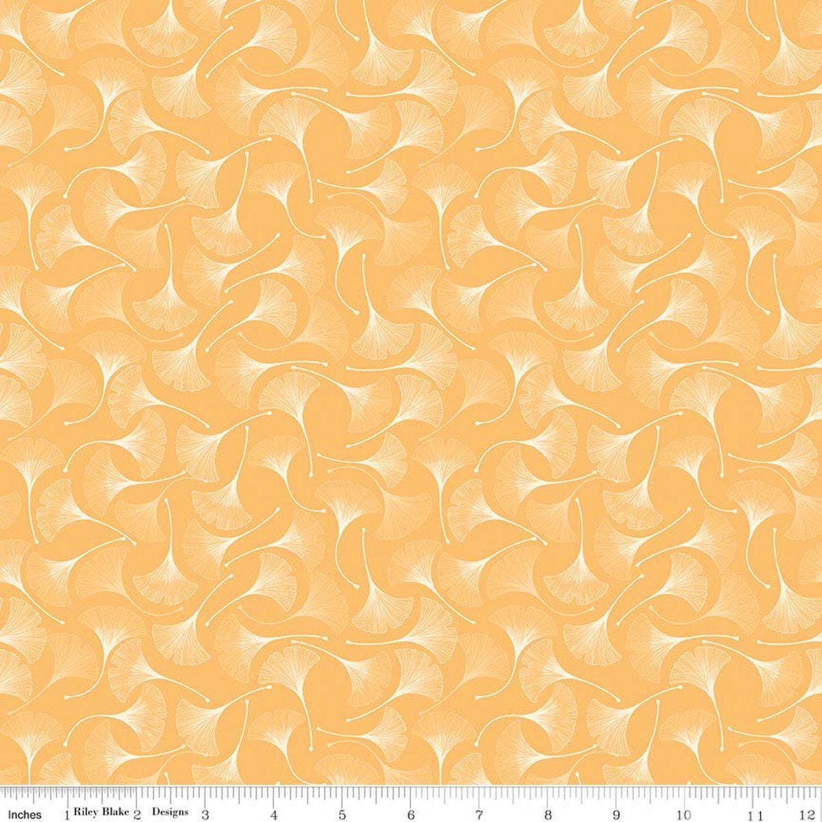 Image of Secret Garden Ginkgos Daisy quilting cotton fabric by Amanda Castor for Riley Blake Designs. Features leaves on a yellow background. Cute Little Fabric Shop.