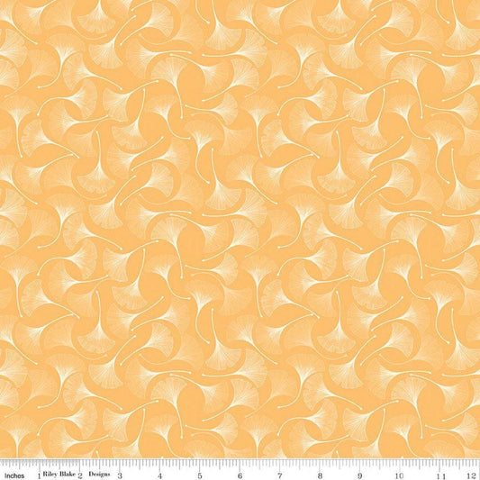 Image of Secret Garden Ginkgos Daisy quilting cotton fabric by Amanda Castor for Riley Blake Designs. Features leaves on a yellow background. Cute Little Fabric Shop.