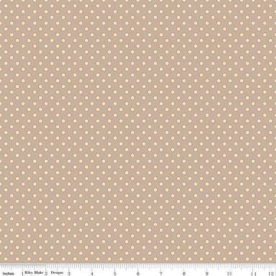 Image of Secret Garden Dots Beach quilting cotton fabric by Amanda Castor for Riley Blake Designs. Features polka dots on a gray background. Cute Little Fabric Shop.