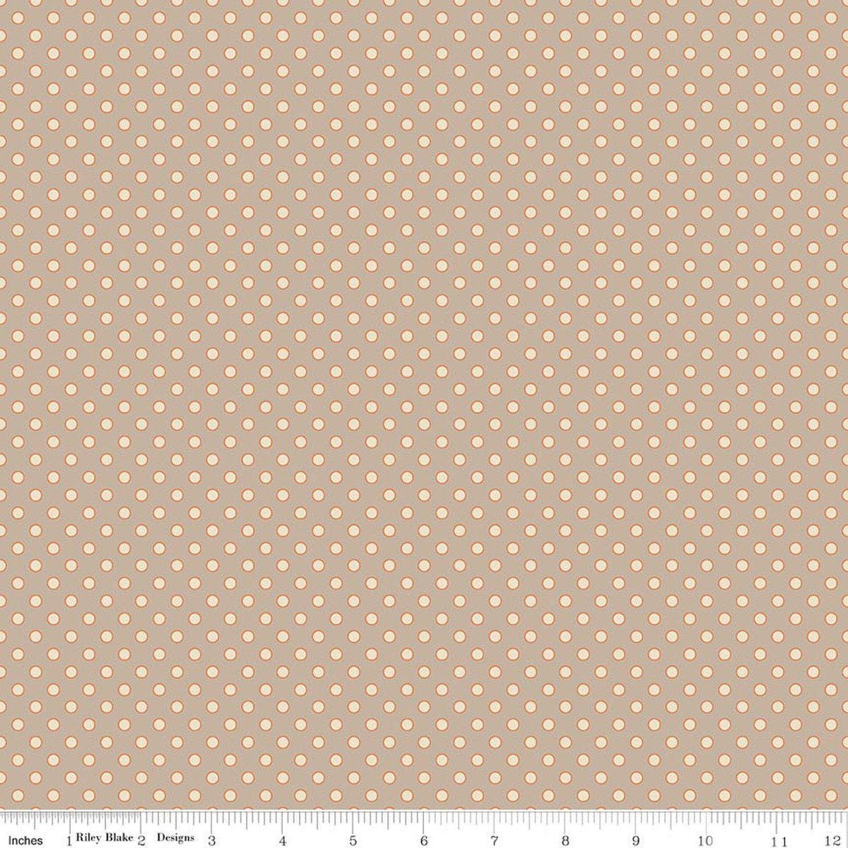 Image of Secret Garden Dots Beach quilting cotton fabric by Amanda Castor for Riley Blake Designs. Features polka dots on a gray background. Cute Little Fabric Shop.