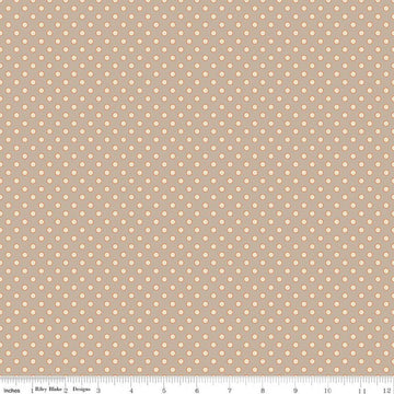 Image of Secret Garden Dots Beach quilting cotton fabric by Amanda Castor for Riley Blake Designs. Features polka dots on a gray background. Cute Little Fabric Shop.