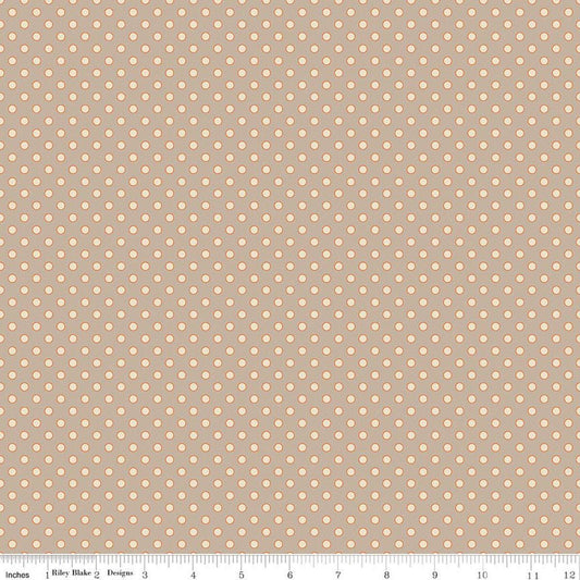 Image of Secret Garden Dots Beach quilting cotton fabric by Amanda Castor for Riley Blake Designs. Features polka dots on a gray background. Cute Little Fabric Shop.