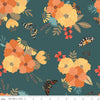 Image of Secret Garden Main Teal quilting cotton fabric by Amanda Castor for Riley Blake Designs. Features flowers on a blue background. Cute Little Fabric Shop.