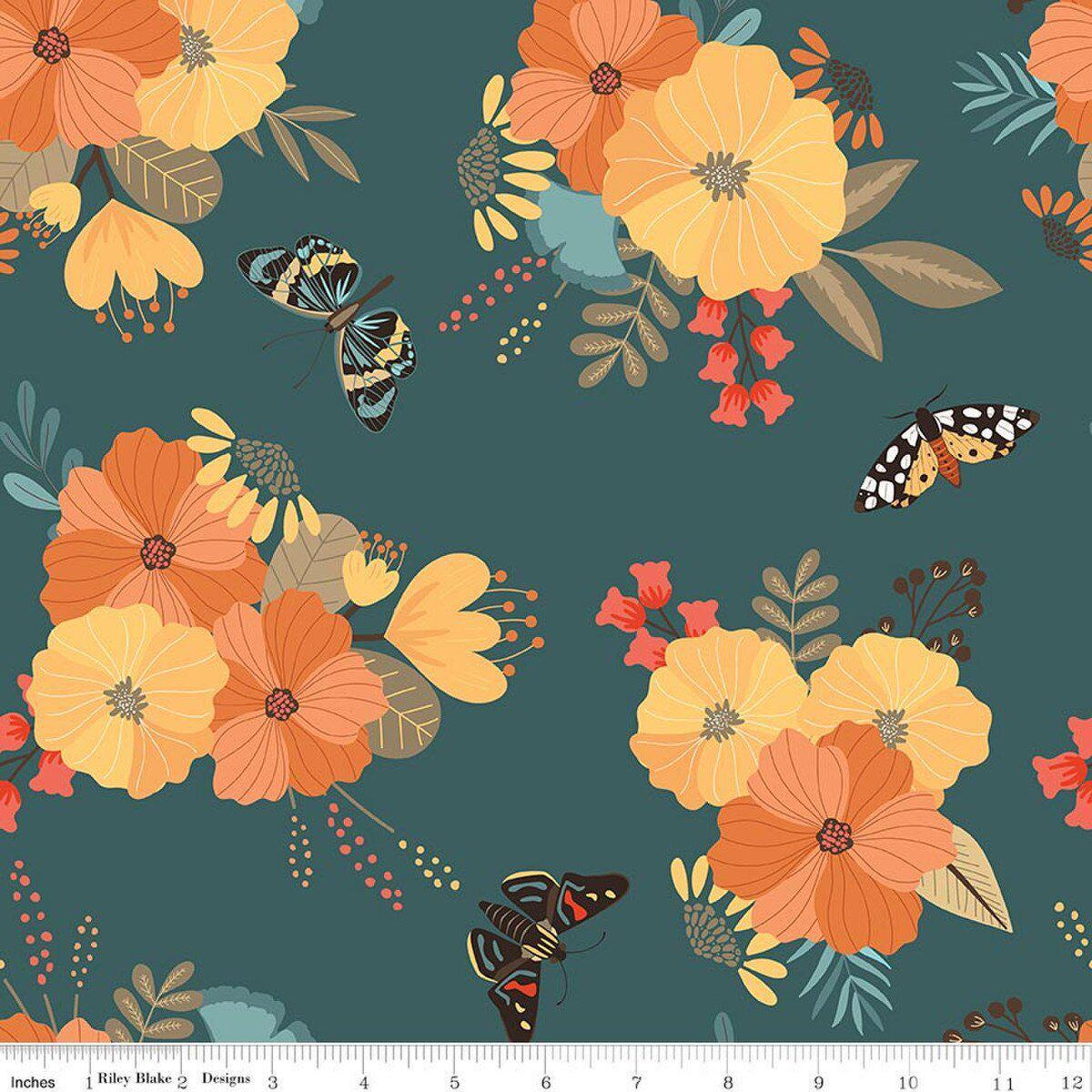 Image of Secret Garden Main Teal quilting cotton fabric by Amanda Castor for Riley Blake Designs. Features flowers on a blue background. Cute Little Fabric Shop.