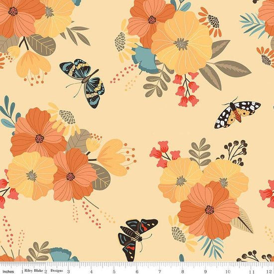 Image of Secret Garden Main Beehive quilting cotton fabric by Amanda Castor for Riley Blake Designs. Features flowers on a yellow background. Cute Little Fabric Shop.