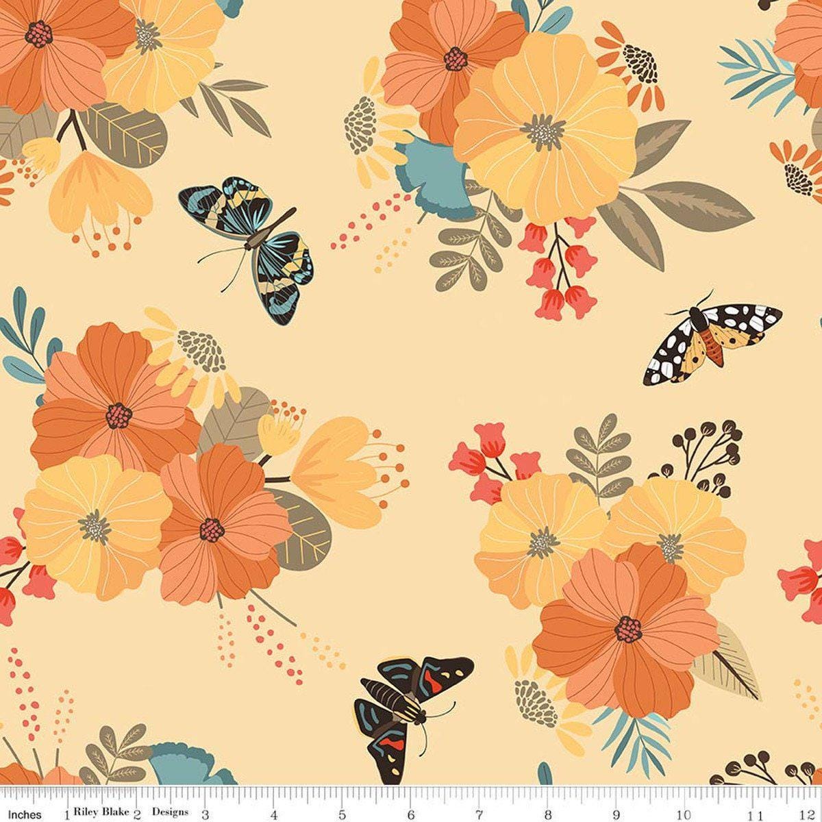 Image of Secret Garden Main Beehive quilting cotton fabric by Amanda Castor for Riley Blake Designs. Features flowers on a yellow background. Cute Little Fabric Shop.