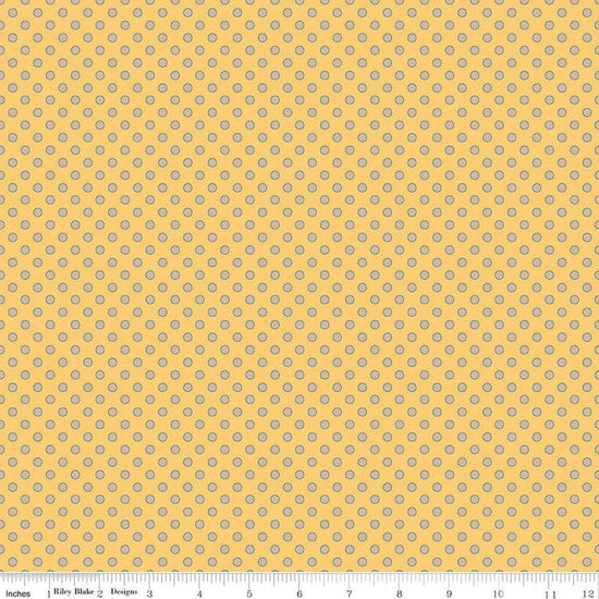 Image of Secret Garden Dots Daisy quilting cotton fabric by Amanda Castor for Riley Blake Designs. Features polka dots on a yellow background. Cute Little Fabric Shop.