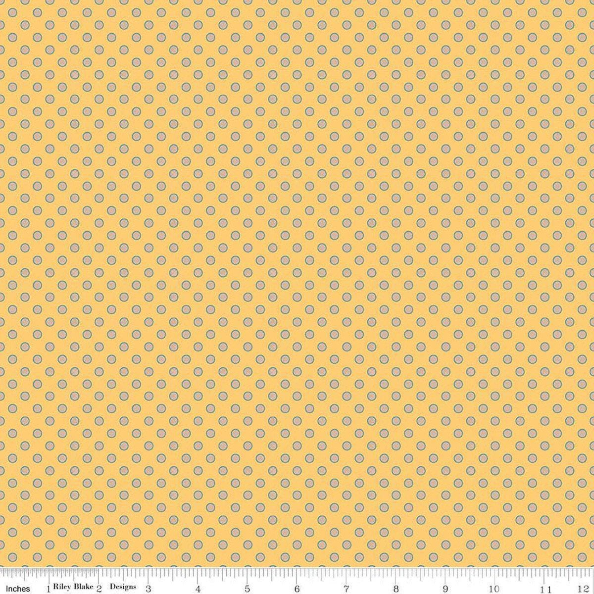Image of Secret Garden Dots Daisy quilting cotton fabric by Amanda Castor for Riley Blake Designs. Features polka dots on a yellow background. Cute Little Fabric Shop.
