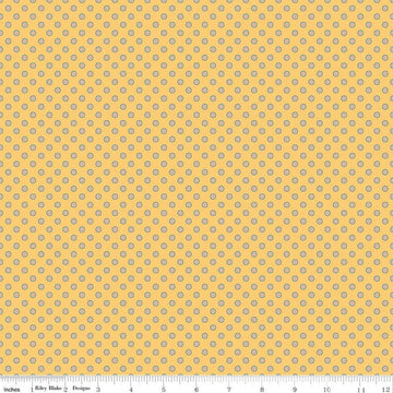 Image of Secret Garden Dots Daisy quilting cotton fabric by Amanda Castor for Riley Blake Designs. Features polka dots on a yellow background. Cute Little Fabric Shop.