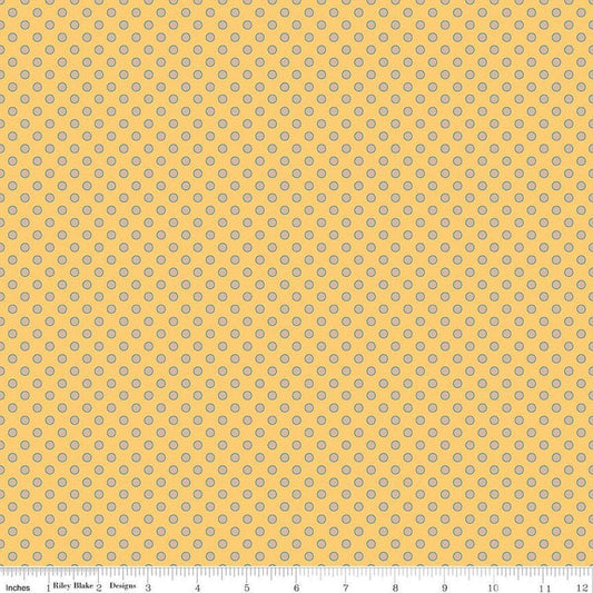 Image of Secret Garden Dots Daisy quilting cotton fabric by Amanda Castor for Riley Blake Designs. Features polka dots on a yellow background. Cute Little Fabric Shop.