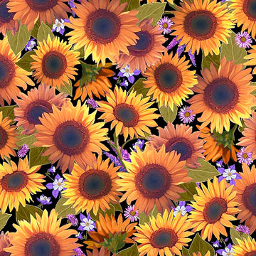 Image of Mountains are Calling Sunflowers Black quilting cotton fabric by Claudia McKinney for QT Fabrics. Features flowers on a black background. Cute Little Fabric Shop.