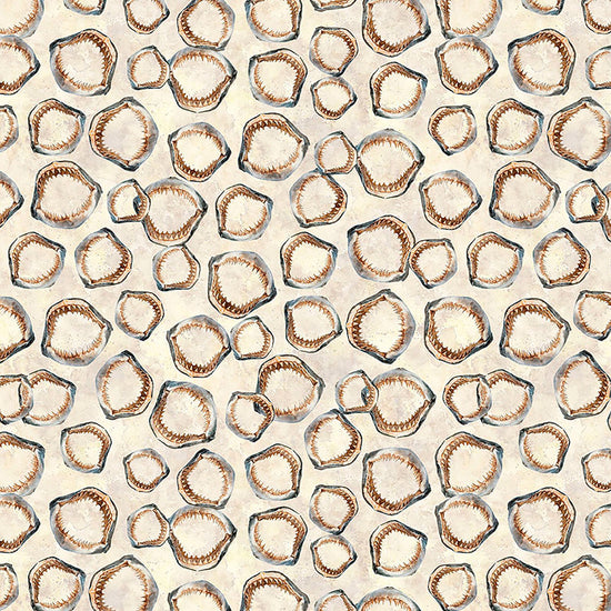 Image of Into the Deep Shark Jaws Tan quilting cotton fabric by Morris Creative Group for QT Fabrics. Features bones on a cream background. Cute Little Fabric Shop.